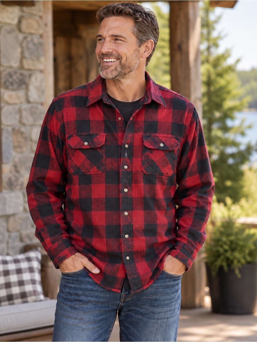 Falcon Bay Vtg Mens Buffalo Plaid Flannel Shirt Red Black Button Heavyweight XLT